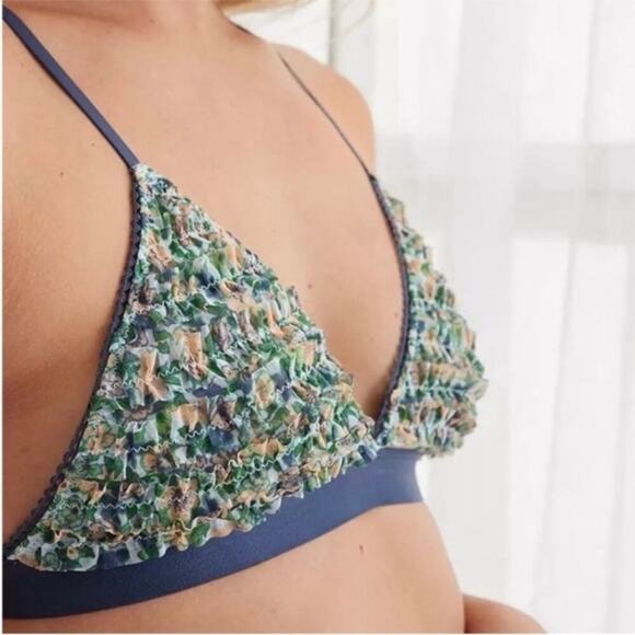 Aerie Sz M Mesh Ruffle Strappy Triangle Bralette Blue Green Floral NWT - Picture 5 of 14